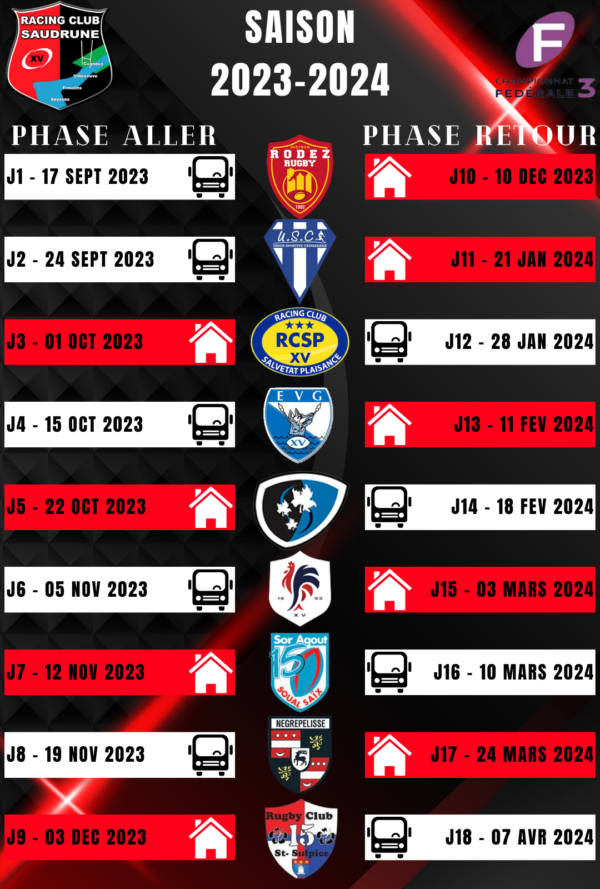 LE CALENDRIER 2023 2024 EST SORTI Racing Club De La Saudrune RCS XV